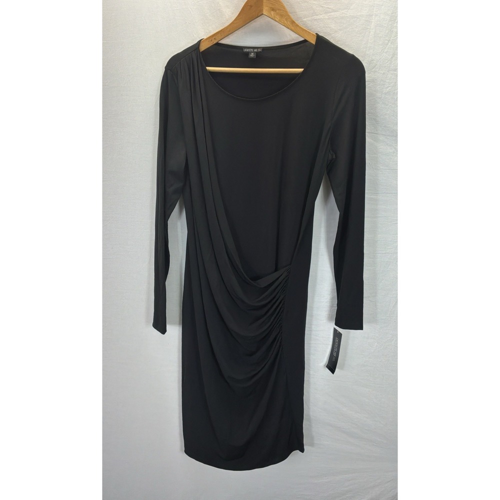 NEW Lafayette 148 New York Black long slv drape front midi Dress M Office Career